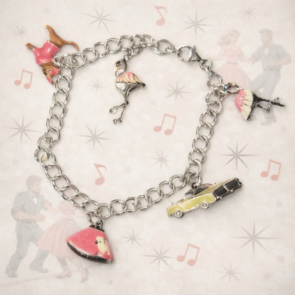 925 Italy Sterling Charm Bracelet 7.5 In Retro Rockabilly Car Dog Flamingo Skirt